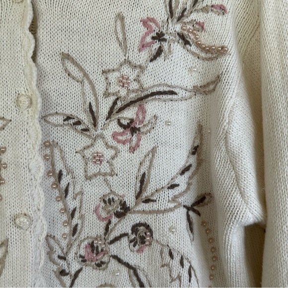 Cottagecore Cardigan Sweater Embroidered Beaded Women PETITE LARGE Pearls Floral - Picture 8 of 14